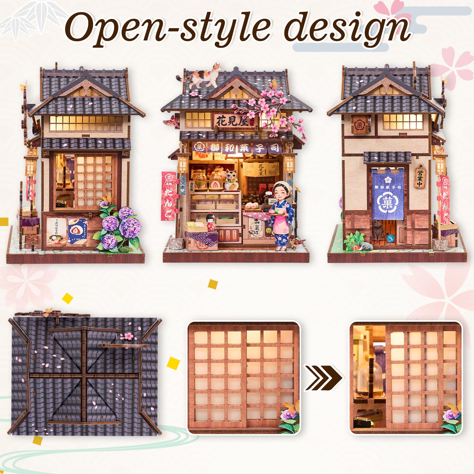 Hanamiya - Kit fai da te per casa delle bambole in miniatura, puzzle 3D in legno con luce LED, fiori di ciliegio e mobili, decorazione accogliente per la casa, hobby rilassante per adulti