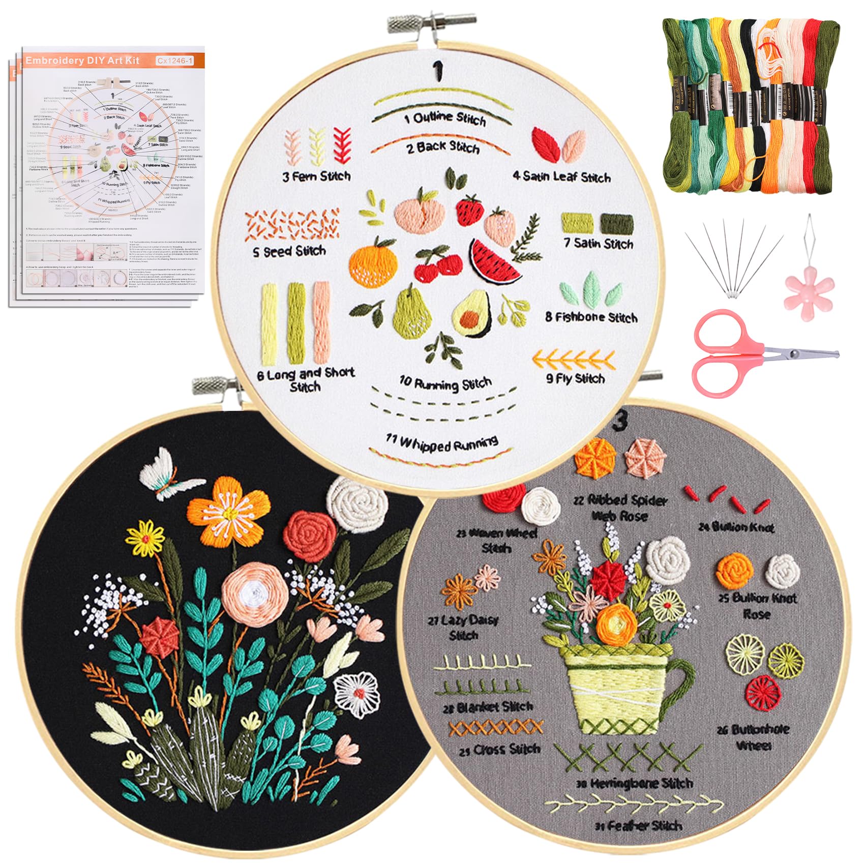 Santune 3 Pack Beginner Embroidery Kits for Adults DIY Starter Kit with 33 Stitch Techniques, Stamped Patterns, Embroidery Hoop, Colorful Threads,Stitch Video Tutorial