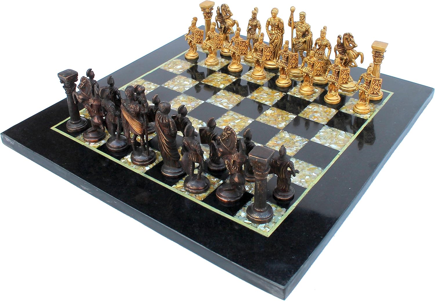 StonKraft Collectible Black Marble and (MOP) Mother of Pearl Chess Board Set   Brass Roman Chess Pieces - Decorative Stone Chess - Home Décor - 15 Inches