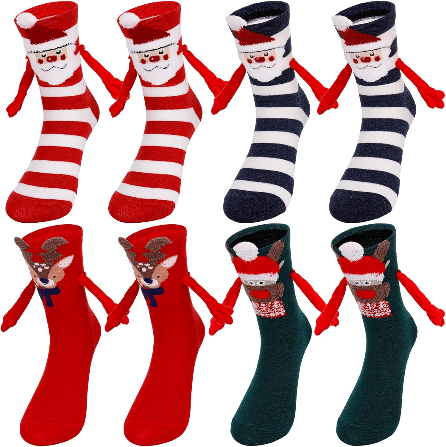 Jspupifip 4 Pairs Christmas Holding Hands Socks, Couple Funny Magnetic Suction 3D Doll Socks, Unisex Mid-Tube Cute Sock