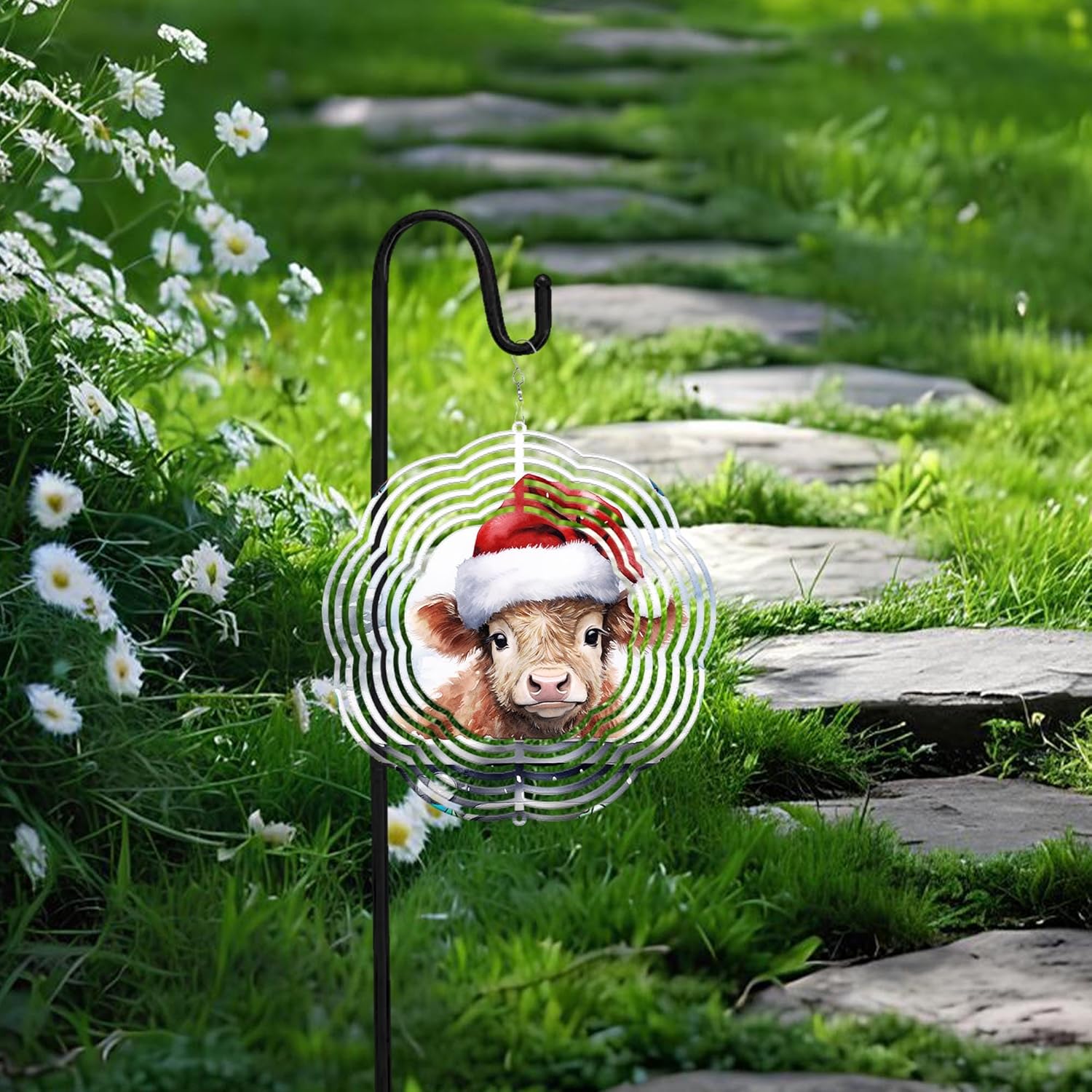 Baby Highland Cow with Red Hat Christmas Wind Spinner 3D Stainless Steel Laser Cut Metal Double Sided Printing-Hanging Indoor/Outdoor Decorations Yard Gardening Decor,Metal Kinetic Art (16x16 inches)