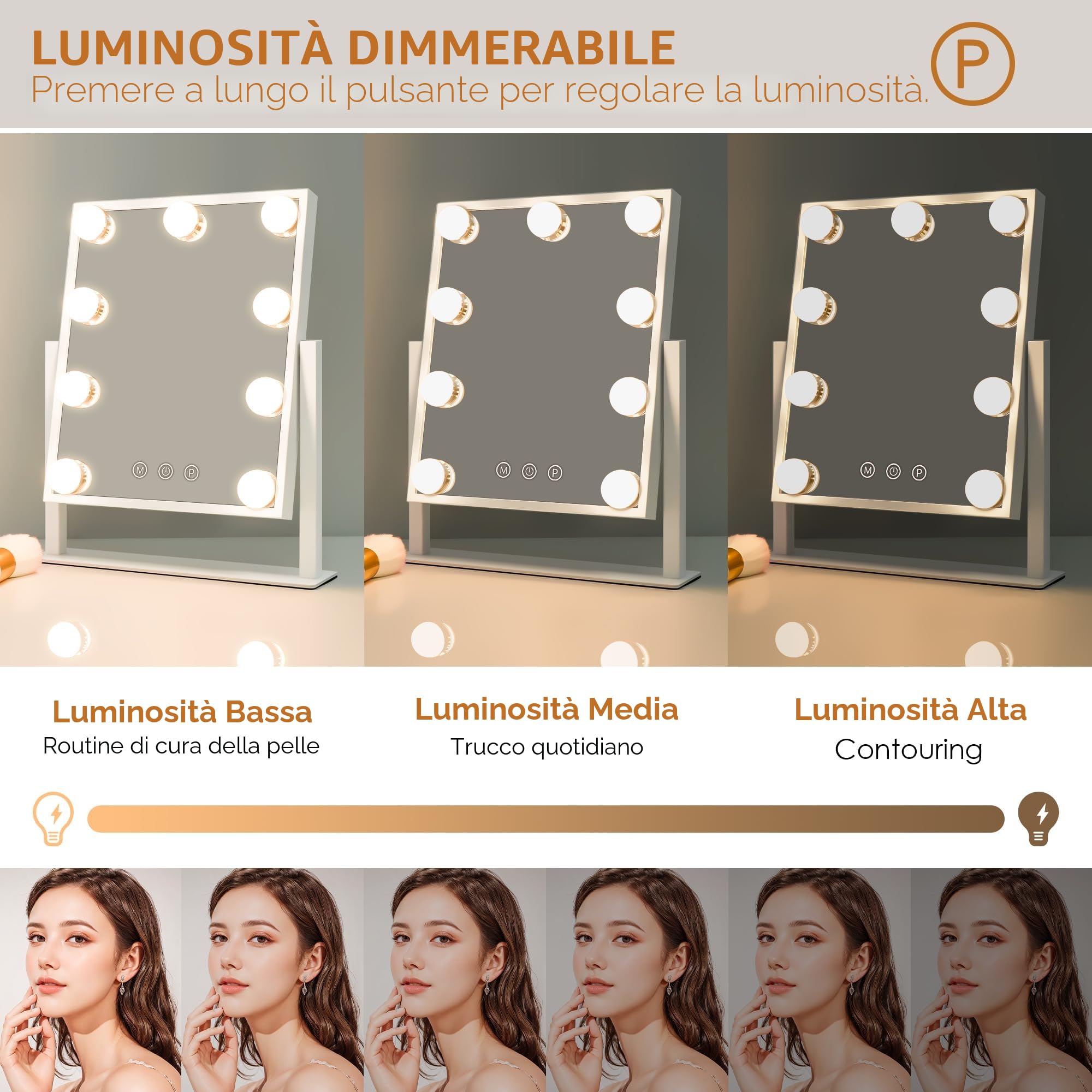 LuxeVue Hollywood Specchio da trucco con luci, specchio illuminato con luce a 3 colori e 9 lampadine a LED dimmerabili, schermo touch intelligente e rotazione di 360 gradi