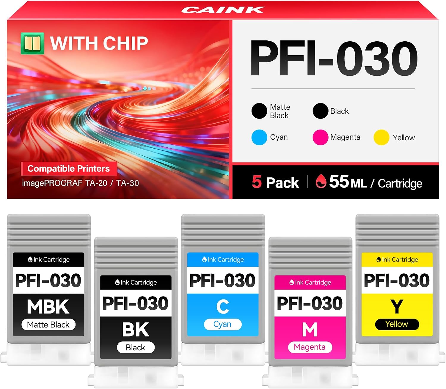 PFI-030 Pigment Ink Tank Kit 55ml 5-Pack Replacement for Canon PFI-030MBK PFI-030BK PFI-030C PFI-030M PFI-030Y Ink Cartridges Compatible for imagePROGRAF TA-20 TA-30 Printer Black Cyan Magenta Yellow
