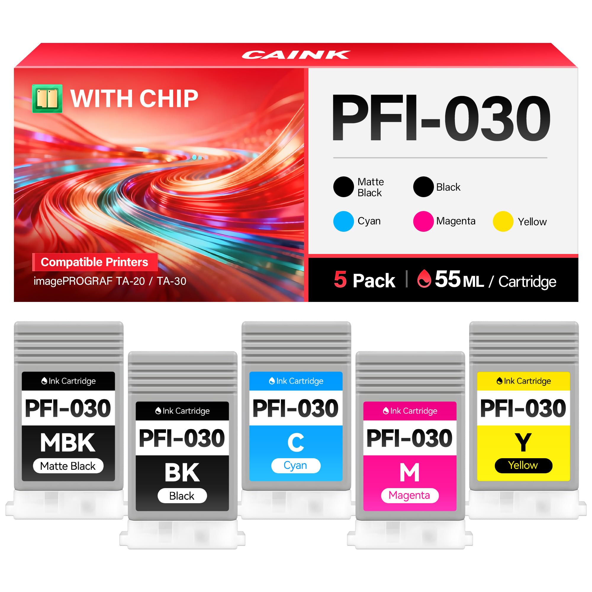 PFI-030 Pigment Ink Tank Kit 55ml 5-Pack Replacement for Canon PFI-030MBK PFI-030BK PFI-030C PFI-030M PFI-030Y Ink Cartridges Compatible for imagePROGRAF TA-20 TA-30 Printer Black Cyan Magenta Yellow