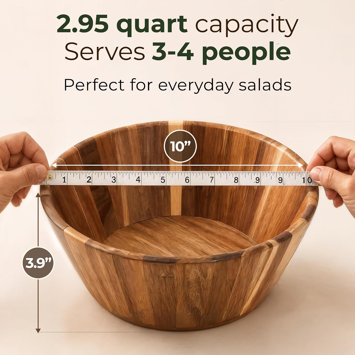 Acacia Wood Salad Bowl - Small Serving Wooden Bowl for Kitchen, 10"