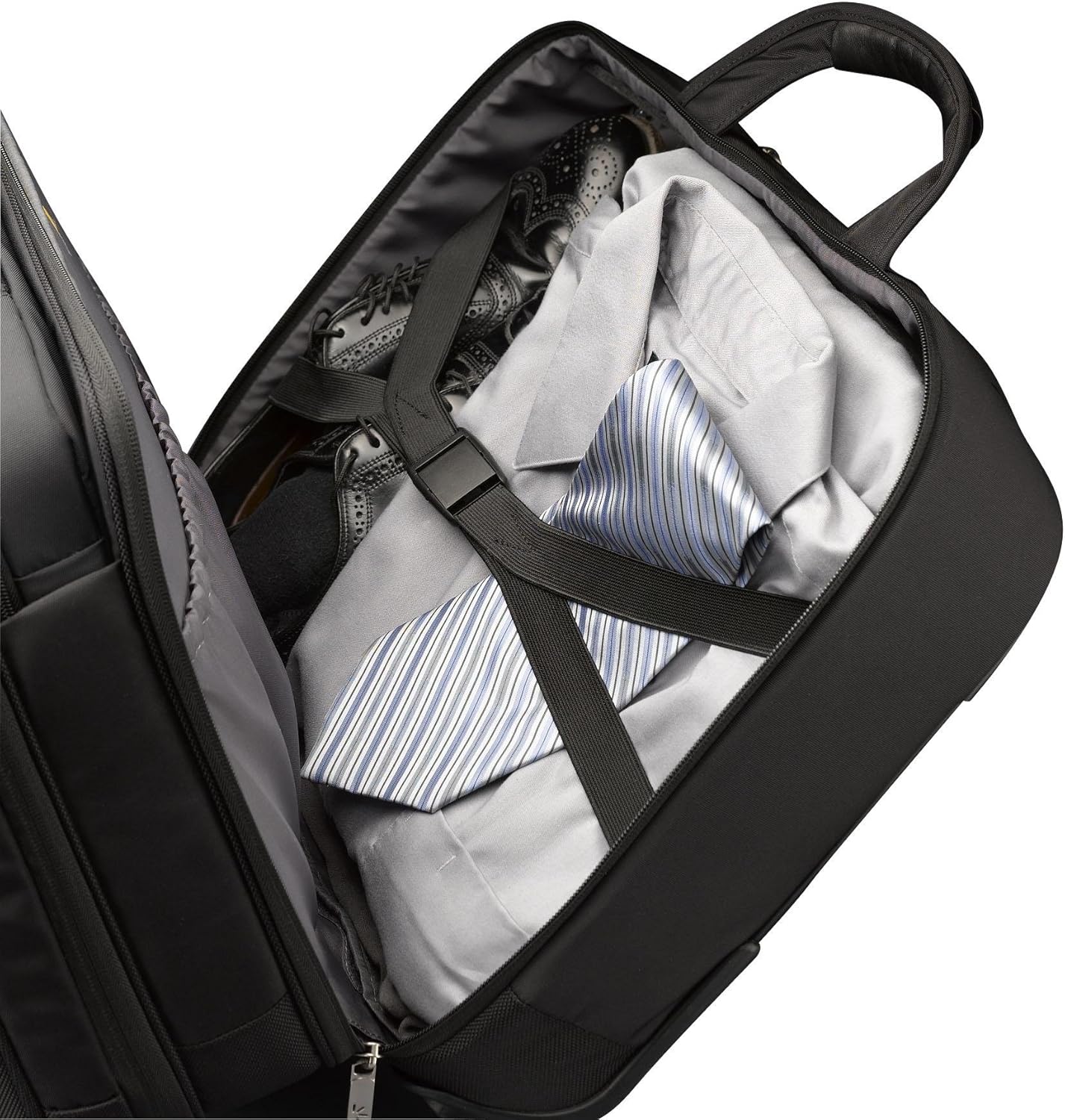 Open rear compartment of Case Logic CLRS-117 showing space for clothes and shoes