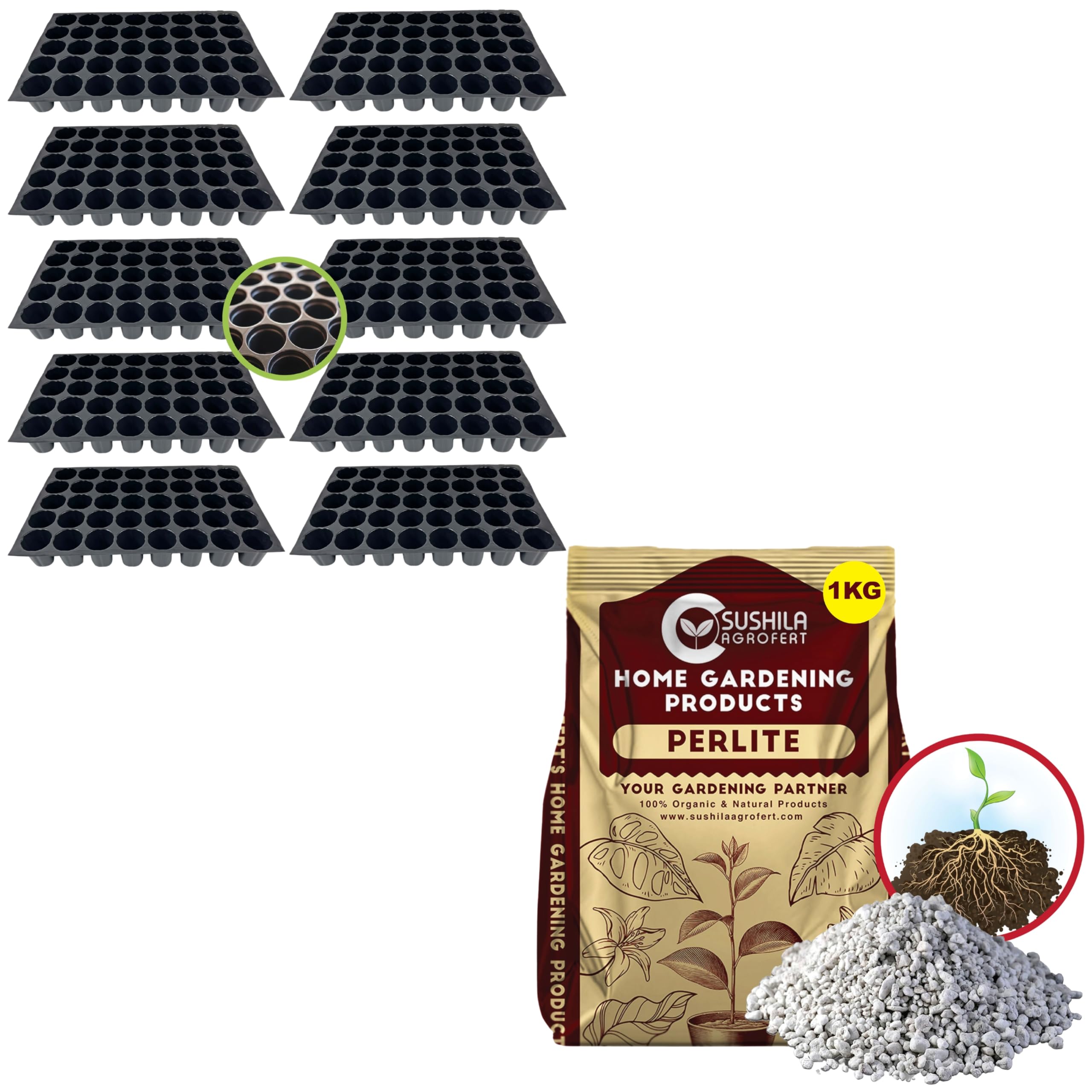 SUSHILA AGROFERT 40 Cavity Big Size Seed Germination Tray, Set of 10 and Perlite for Plants 1KG Potting Mixture Soil Best for Indoor Outdoor Plants-image-29