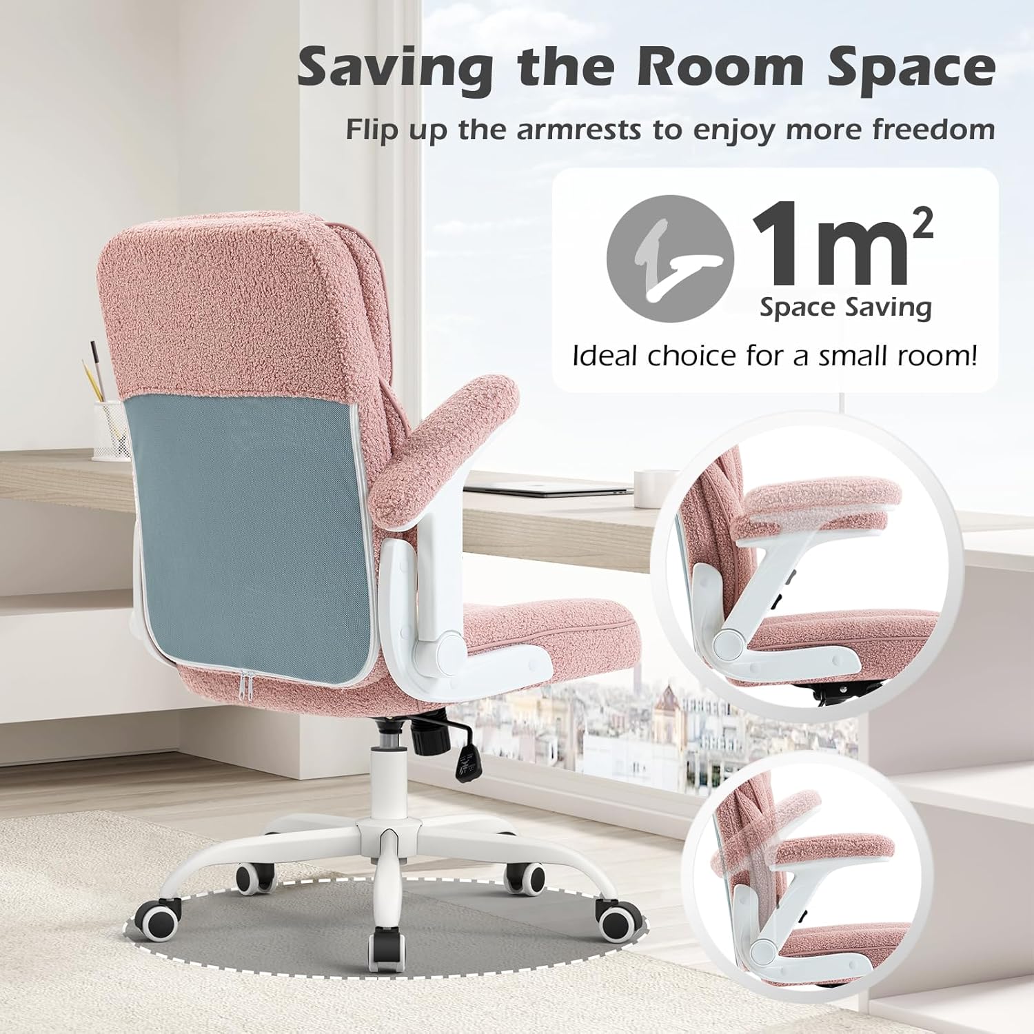 SEATZONE Pink Home Desk Office Chair with Arms and Wheels, Comfortable Executive Computer Chair, Breathable Mesh and Teddy Fleece Fabric Swivel Task Chairs for Women&Girls
