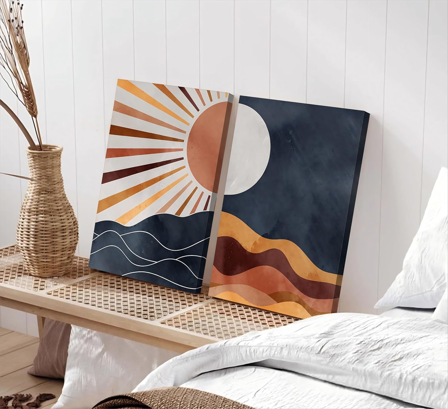 2Pcs Boho Sun and Moon Canvas Wall Art Painting Abstract Mountains Poster Prints Sun and Moon Pictures Medieval Modern Wall Decor for Living Room Bedroom 12x16in Framed