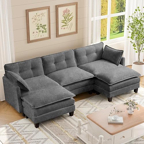 Amsleekey Modular Sectional Sofa, 111.5" U-Shaped Chenille Comfy Sectional Couches for Living Room, 3-Seater Cloud Couches with 2 Movable Ottomans, Flexible Combination Modern Deep Seat Sofa (Grey)