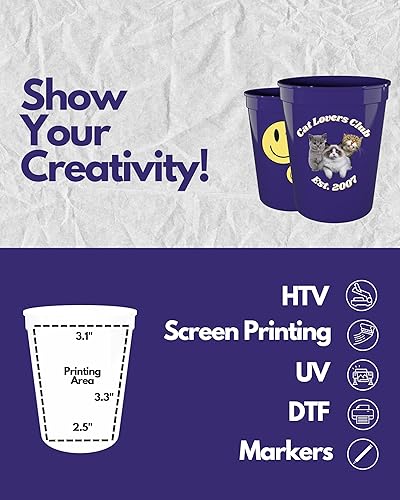 Miniatura 3 de PartyPrints Paquete de 10 vasos de plástico en blanco reutilizables de 16 onzas de color morado, vasos para estadios a granel, sin BPA, aptos para