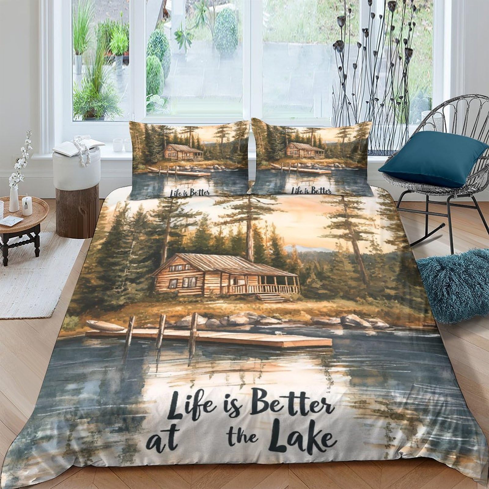 GPLZQXKJNH 3D Printed Lake Cabin Duvet Cover Microfiber Soft Breathable Forest River Bedding Set with 2 Pillowcases for Bedroom Decor Single（135x200cm）