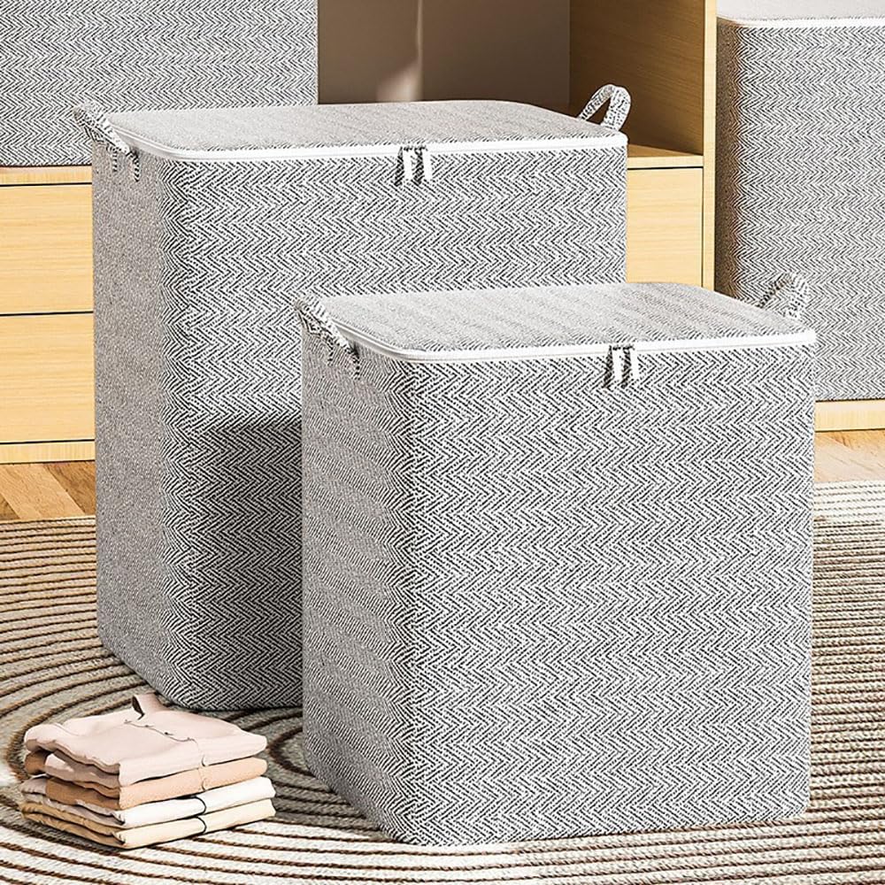 Fabric Storage Bins, 2 Pcs Foldable Nonwoven Storage Bags with Zipper and Handles for Clothing Blanket Bedding, Large Capacity Washable Clothes Storage Box for Closet Wardrobe (Grey, 110L)