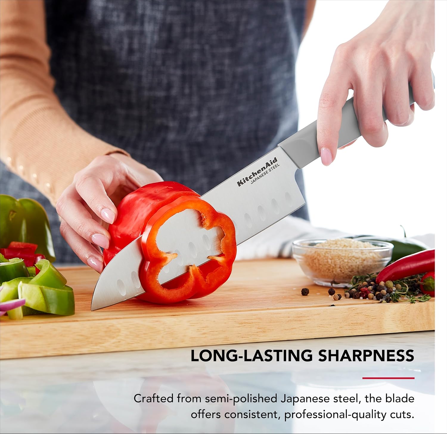 KitchenAid Classic Santoku Knife with Custom-Fit Blade Cover, Sharp Kitchen Knife, Japanese Stainless Steel Blade, 7 Inch, Gray
