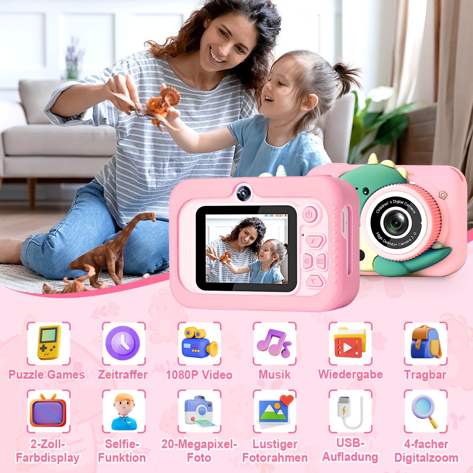 MILFECH 1080P HD 2,0-Zoll-Bildschirm Digitalkamera Kinder mit Selfie Video Kamera 32GB-Karte für 3-12 Jahre Jungen Mädchen Spielzeug Dinosaurier Fotoapparat Rosa