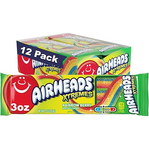 Airheads Xtremes Belts Holiday Candy, Chewy Candy Package, Christmas Stocking Stuffers for Adults & Kids, Rainbow Berry Fruit Flavor Artificially Flavored, 3 Ounces (12-Pack)