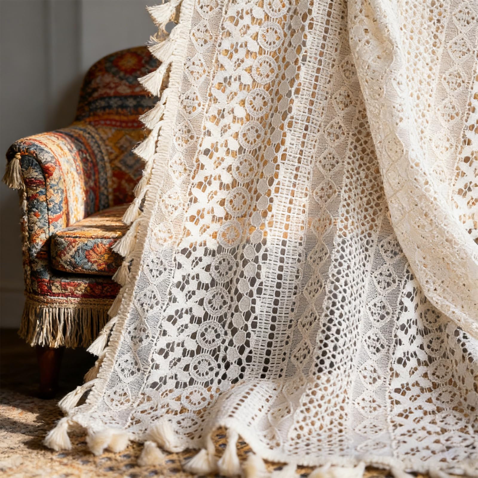 Lot de 2 rideaux bohèmes au crochet en coton style rustique vintage avec pompon, 150 x 160 cm, beige, pour salon, chambre à coucher, extérieur (beige-1)