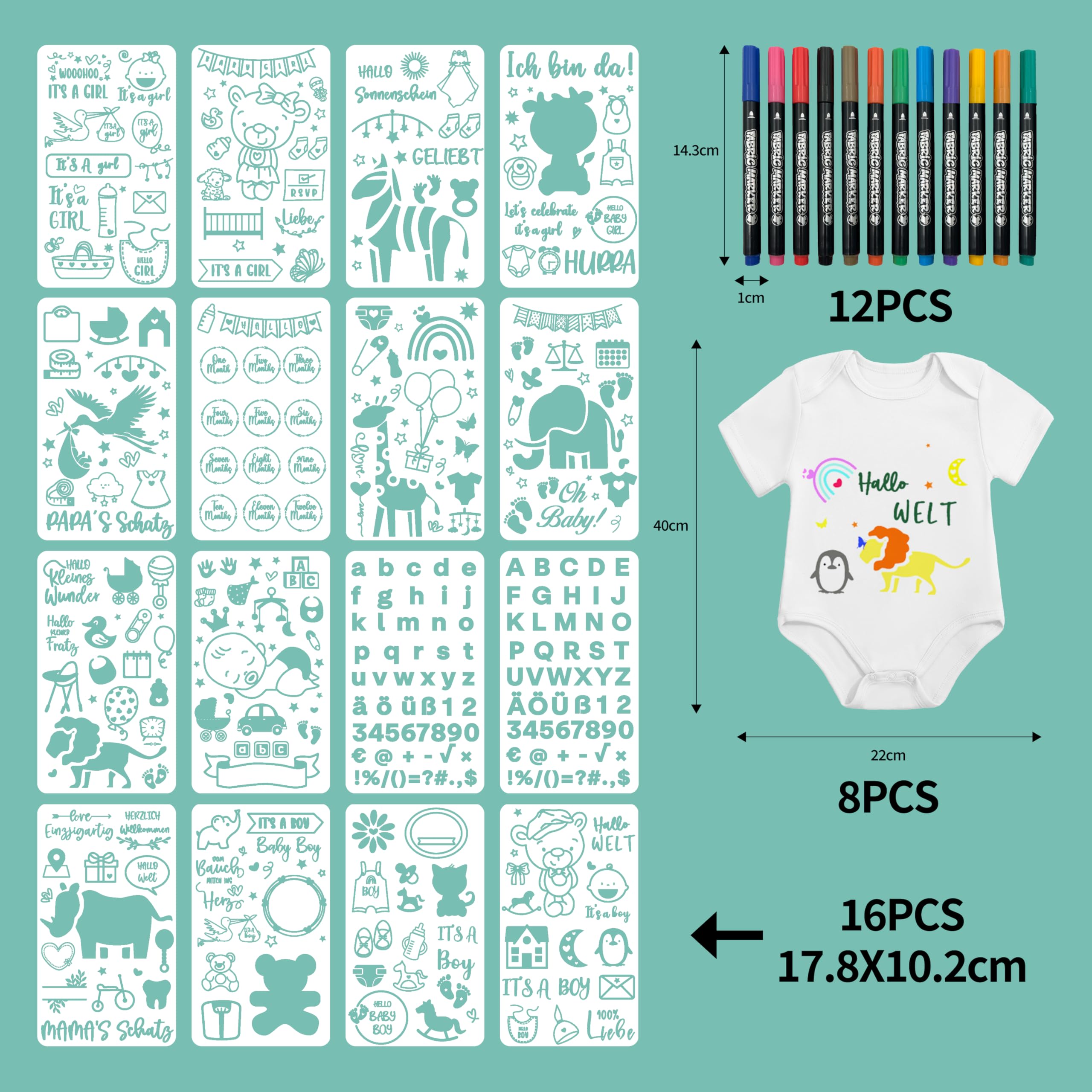 8 Stückr Baby Zeichen-Onesie, Babyparty Zeichenset mit 16 Zeichenvorlagen und 12 Textilstiften für Babyparty-Spiele, bodys baby