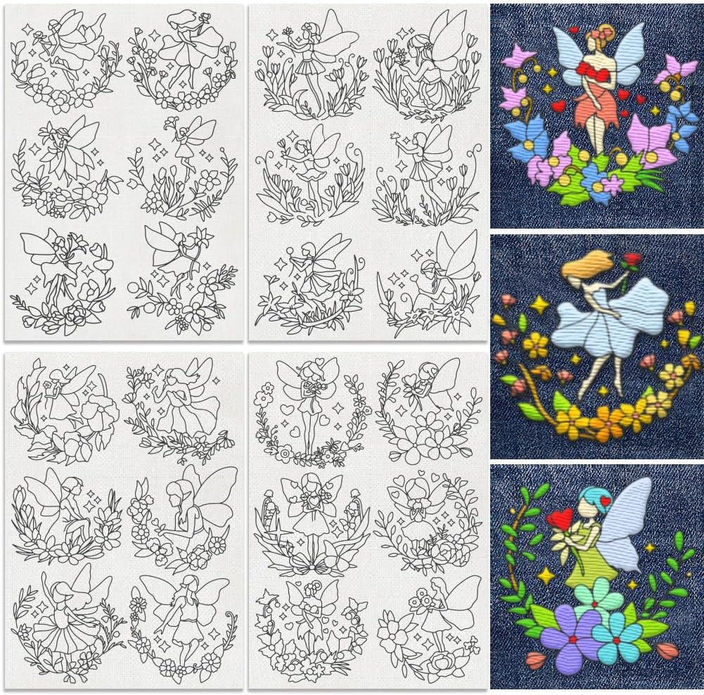 Pack of 24 Embroidery Pattern Stabiliser with Dancing Fairy and Flowers 8.3 x 11.7 Inches Soluble Stick and Stitch Embroidery Stickers with Flower Fairy 4 Sheets Water Hand Sewing DIY Embroidery Paper