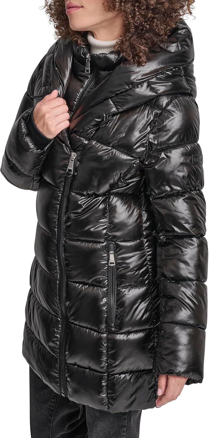 DKNY Women's Shine Puffer Coat With Bib and Asymmetrical Zipper Front – Winter Jacket - Image 3