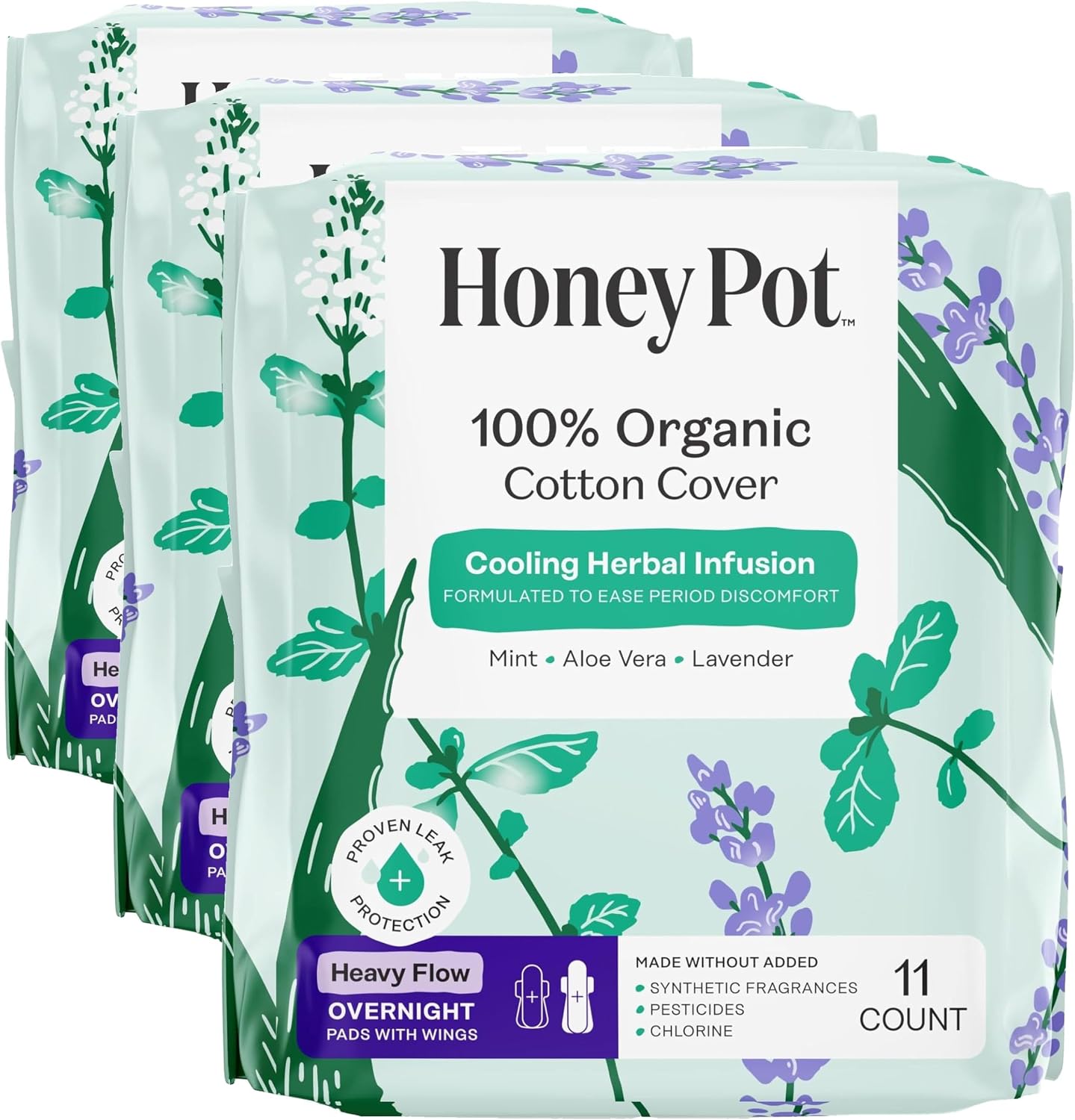 The Honey Pot Company - Herbal Sanitary Pads for Women - Heavy Flow Overnight w/Wings - Infused w/Essential Oils for Cooling Effect & Organic Cotton Cover - Feminine Care - 11 ct (Pack of 3)