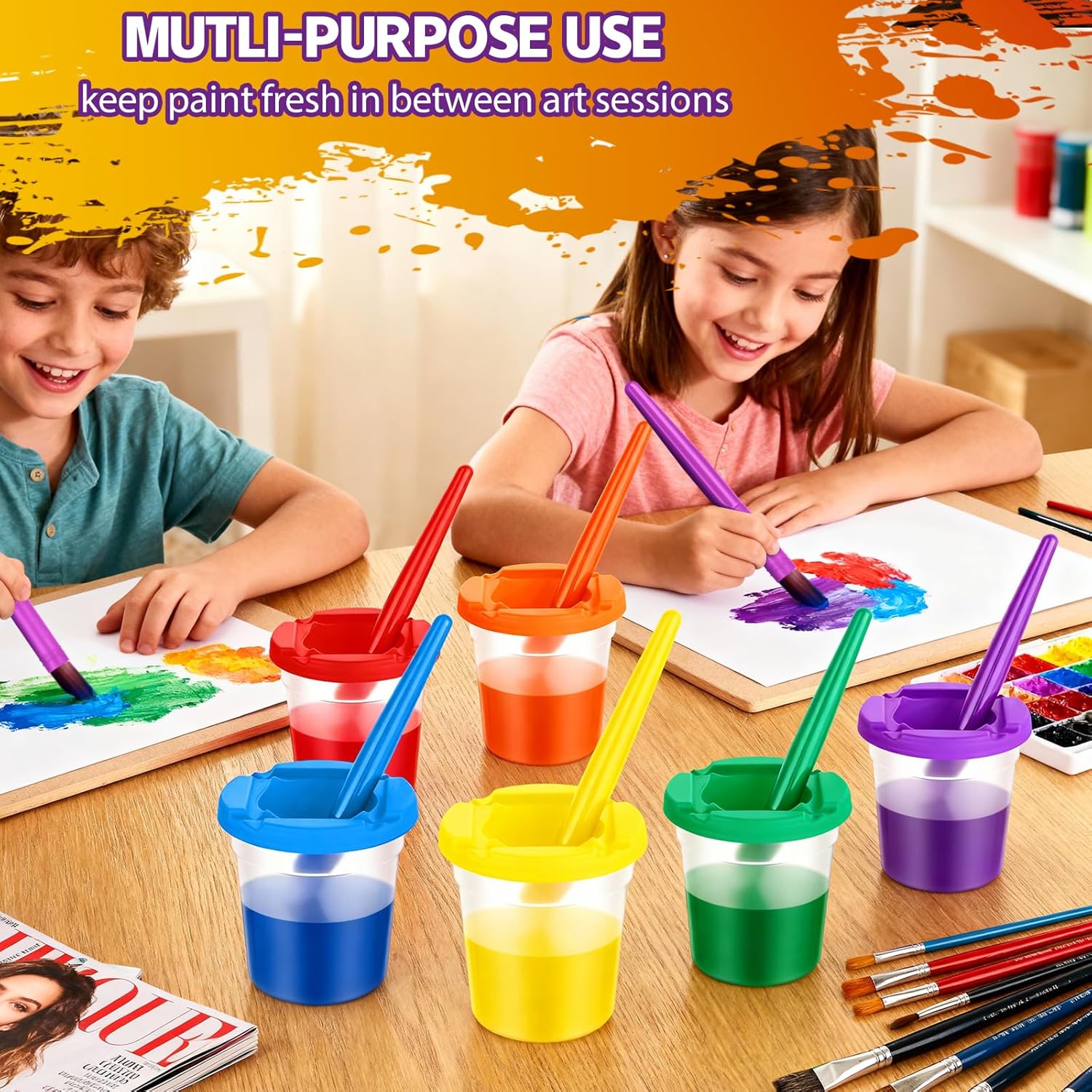 36 Pcs No Spill Paint Cups with Lids and Brushes Mess-Free - Spill Proof Small Plastic Paint Containers No Spill Painting Cups, Kids Painting Set for Painting, School, Classroom, Art Crafts Supplies