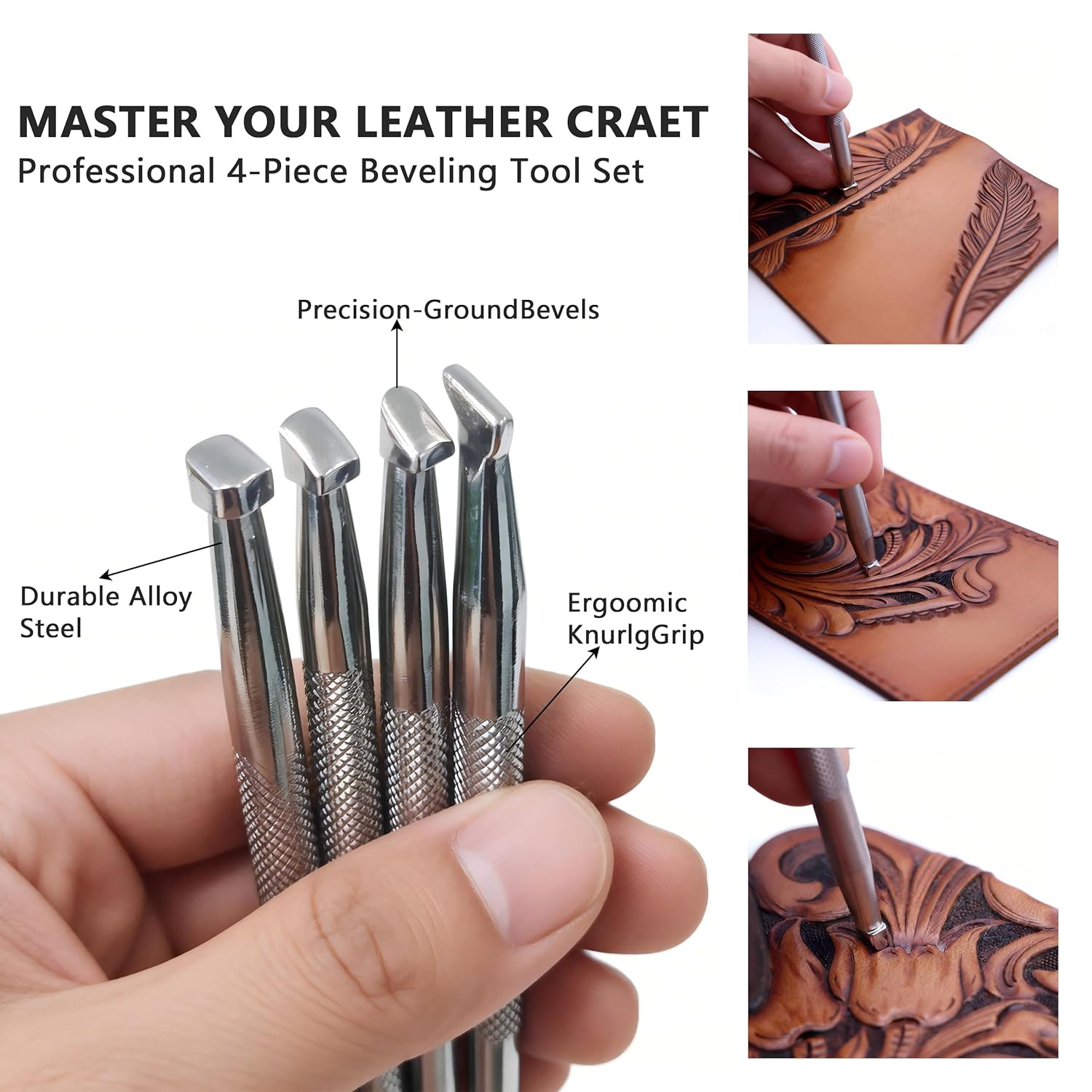 Professional Leather Beveling Tools & Stamping Stamps Set, Alloy Steel Precision Leather Craft Carving Kit with Protective Pouch (4PCSeat Grid Texture Set) (Seat Grid Texture Set 4PC)