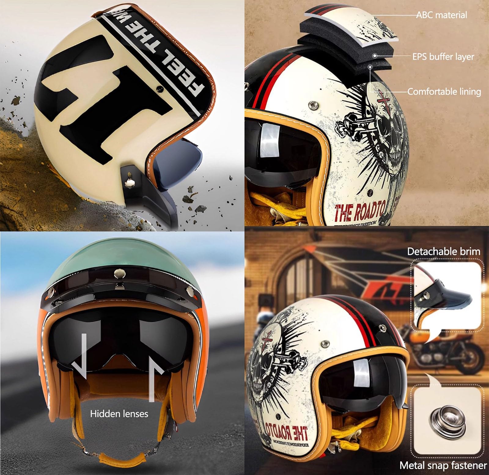 Casque De Moto Unisexe Casques Bols ECE Homologué, Classic Casque Moto Jet Vintage, Casques à Face Ouverte avec Visière, Casques Mobylette Rétro Homme