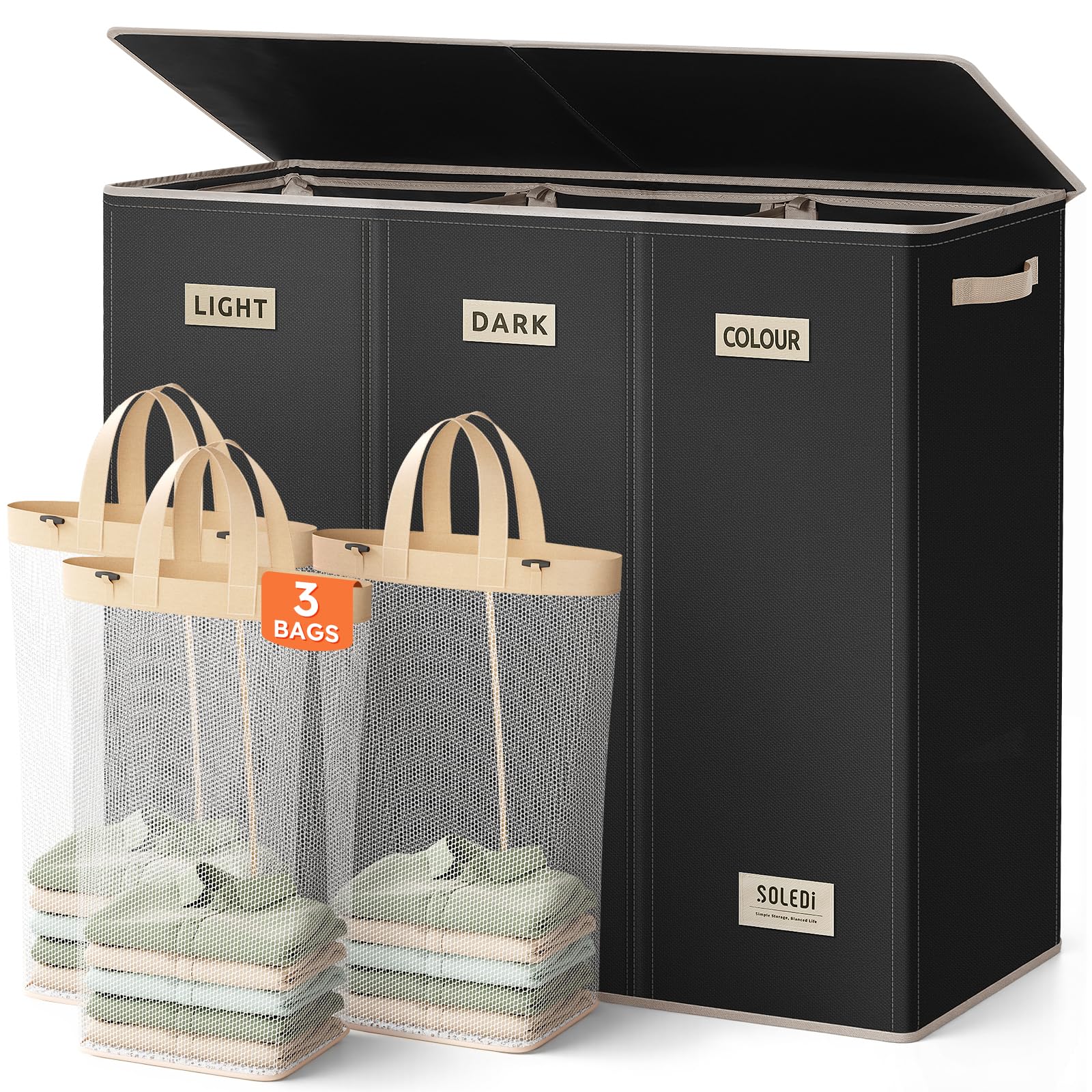 SOLEDI 200L Laundry Basket 3 Compartments, Extra Large Laundry Hamper with Lid, Clothes Basket with Laundry Bag, Sturdy Laundry Storage Organizer for Laundry Room, Bedroom, Bathroom, Dorm, Black