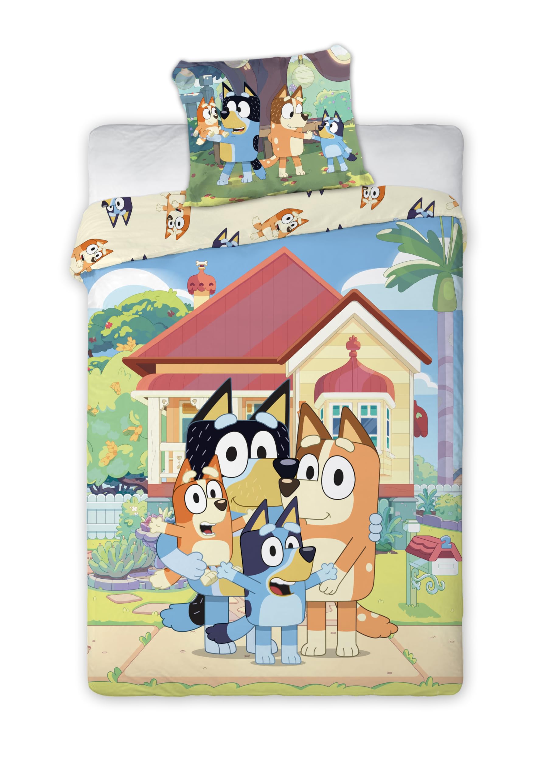BrandMac Bluey & Family Kids Bedlinen Set | Single Size Duvet Cover 140x200 cm with Pillowcase 50x70 cm | Official Bluey Bedding Set | Mutlicolor Cartoon Design for Children’s Single Beds