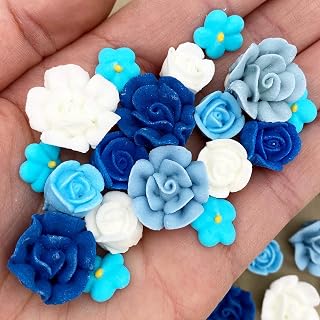 90 Azul Bloom Icing Flowers – Edible Blue & White Roses | Small Royal Icing Flowers | Cake Sprinkles & Decorations by Simply Sucré