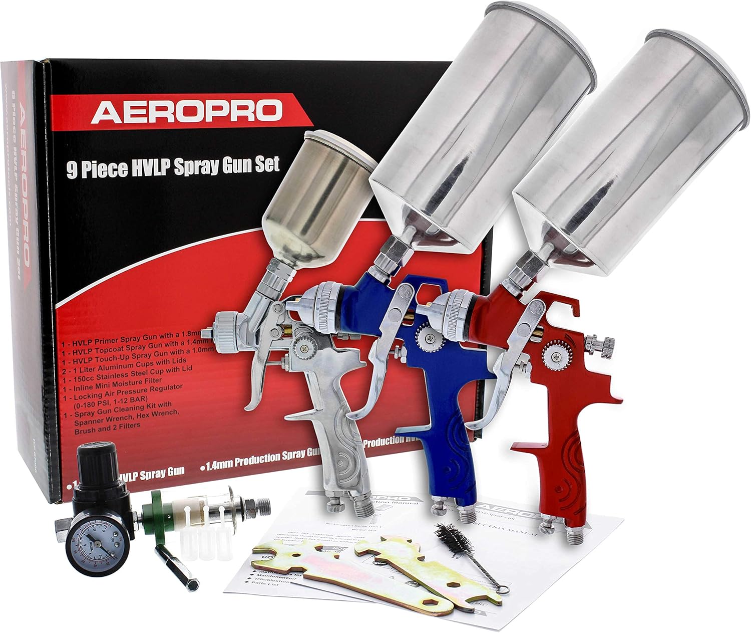 TCP Global Complete Professional 9 Piece HVLP Spray Gun Set with 2 Full Size Spray Guns, 1 Detail Spray Gun, Inline Filter & Air Regulator : Automotive