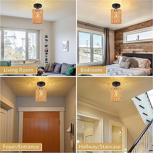 Miniatura 4 de Lámpara de techo estilo bohemio, mini lámpara de araña de ratán con bombilla LED regulable (2700 K), lámparas de techo tejidas a mano para pasillo,