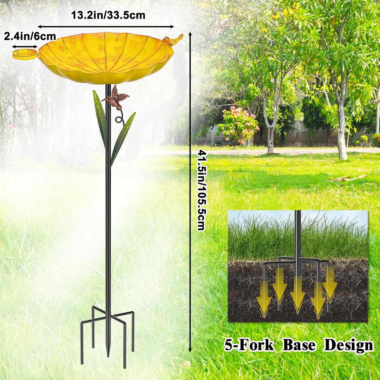 Metal Bird Bath for Outside, Detachable Birdbath Sturdy 5-Prong Stake Base with Bowl & Decorative Birds, Durable Iron Garden Birdbath & Feeder for Patio Wildlife Décor (Retro Yellow)