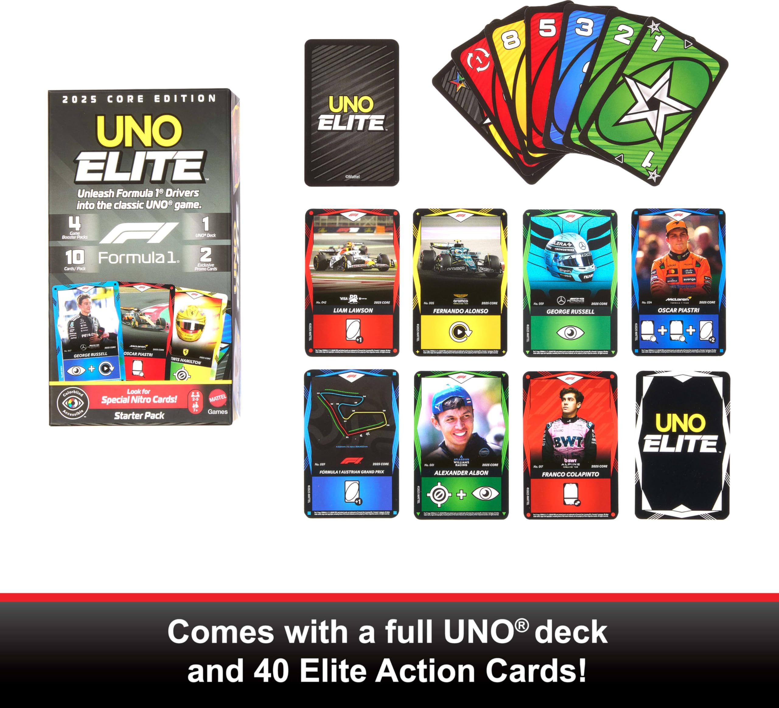 Mattel UNO Elite Formuła 1 2025 Edycja podstawowa Starter Pack Zestaw startowy; gra karciana, 4 Booster Packi i 2 karty Promo, towarzyska i rodzinna gra dla fanów i dzieci 7+, JLV42