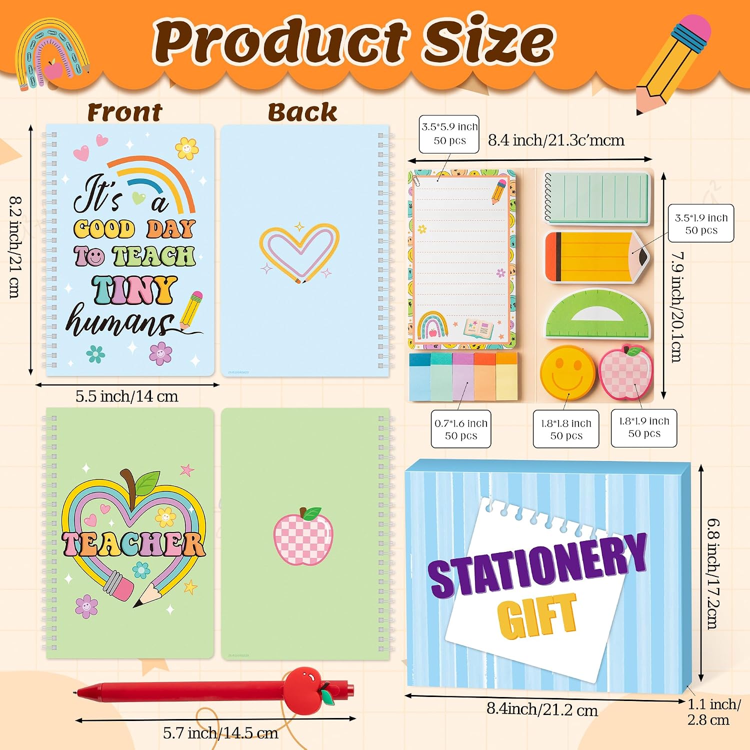 B1ykin Teacher Appreciate Stationery Gift Set - 3Pcs It's a Good Day to Teach Tiny Humans A5 Spiral Notebook & 550 Sheets Sticky Notes with Pen, Back to School Gift with Box for School Office (Retro Teacher) image 2