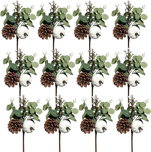 12 tallos de vegetación de hojas artificiales de eucalipto con piñas de calabaza blancas para decoración de mesa de boda, otoño, día de Acción de