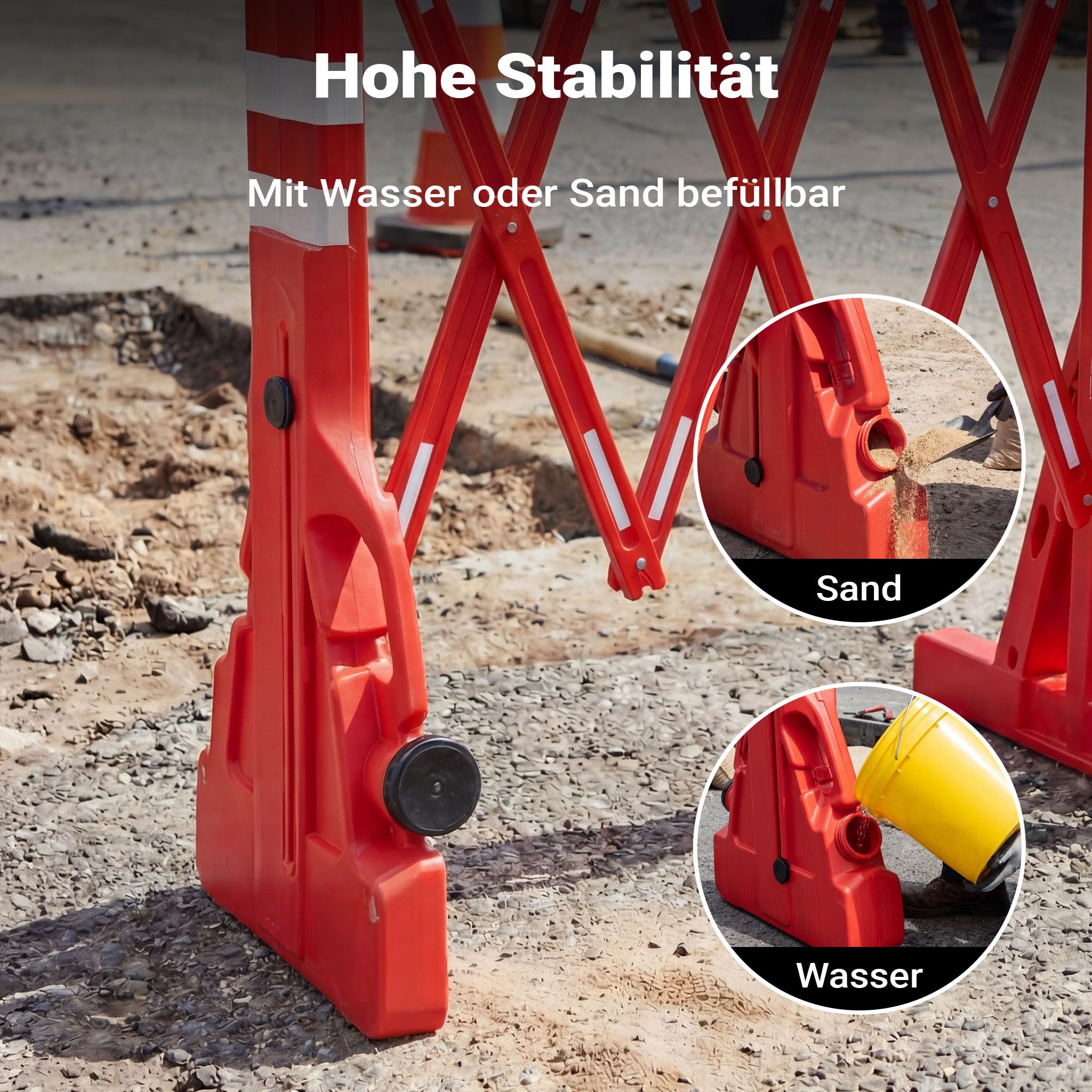 Wiltec ausziehbares Absperrgitter 200 cm aus Kunststoff, Scherengitter mit Reflektorband, Baustellenabsperrung befüllbar und faltbar, Absperrung für Verkehr