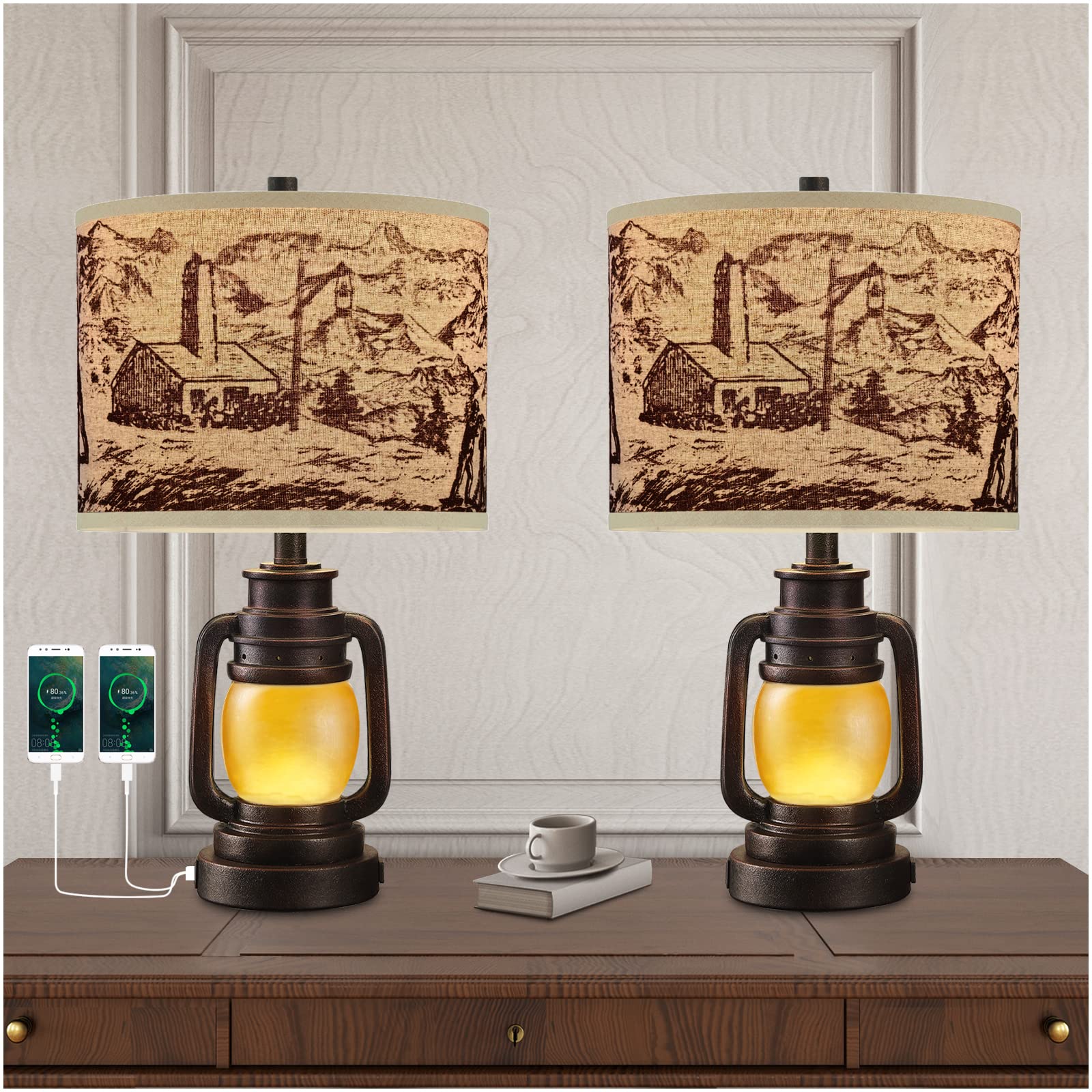 AIDENOEYLantern Table Lamp Set of 2 with Nightlight USB AC Power Outlet Dark Bronze Linen Fabric Hardback Shade Home Decor for Living Room Bedroom House Bedside Nightstand Home Office Family