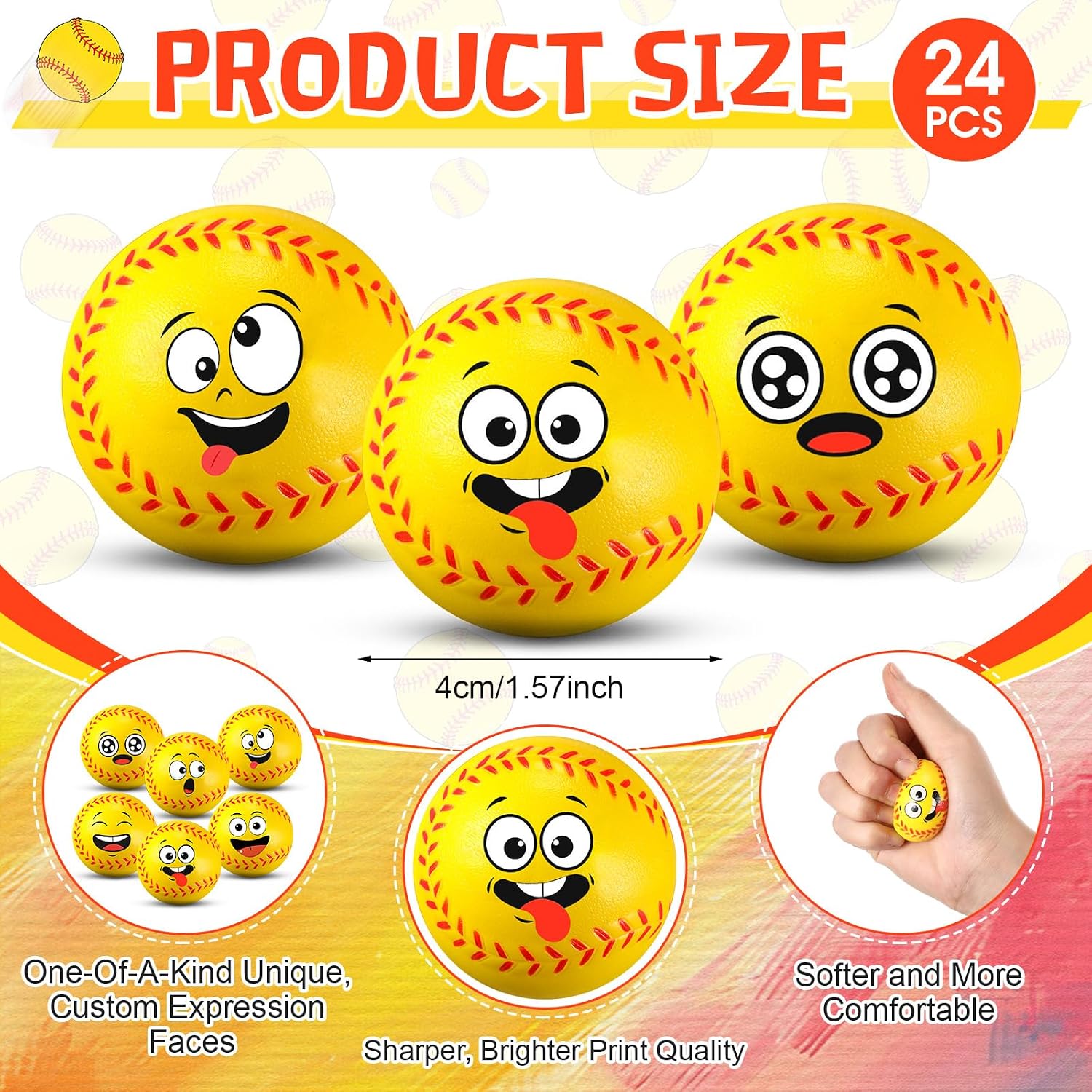 arrowbash 24 pcs mini face stress balls for boys girls fidget toys bulk foam balls for stress and anxiety relief balls for party favors birthday gift decoration(softball)