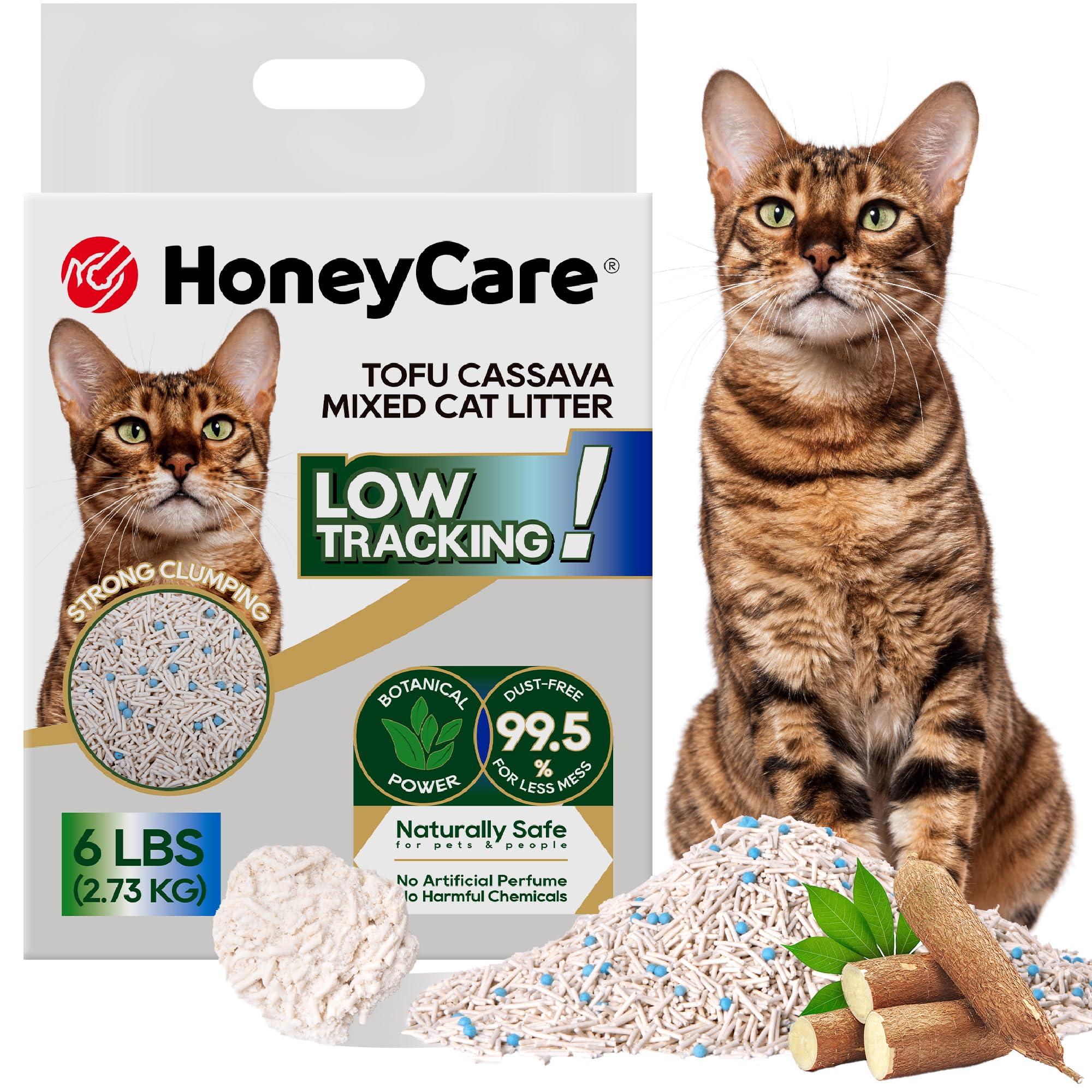 HoneyCare Cassava Tofu Mixed Cat Litter I Quick Clumping, Odor Control, Plant-Based Natural Ingredients, Non-Stick, Low Tracking, & Low Dust, 6 Lbs