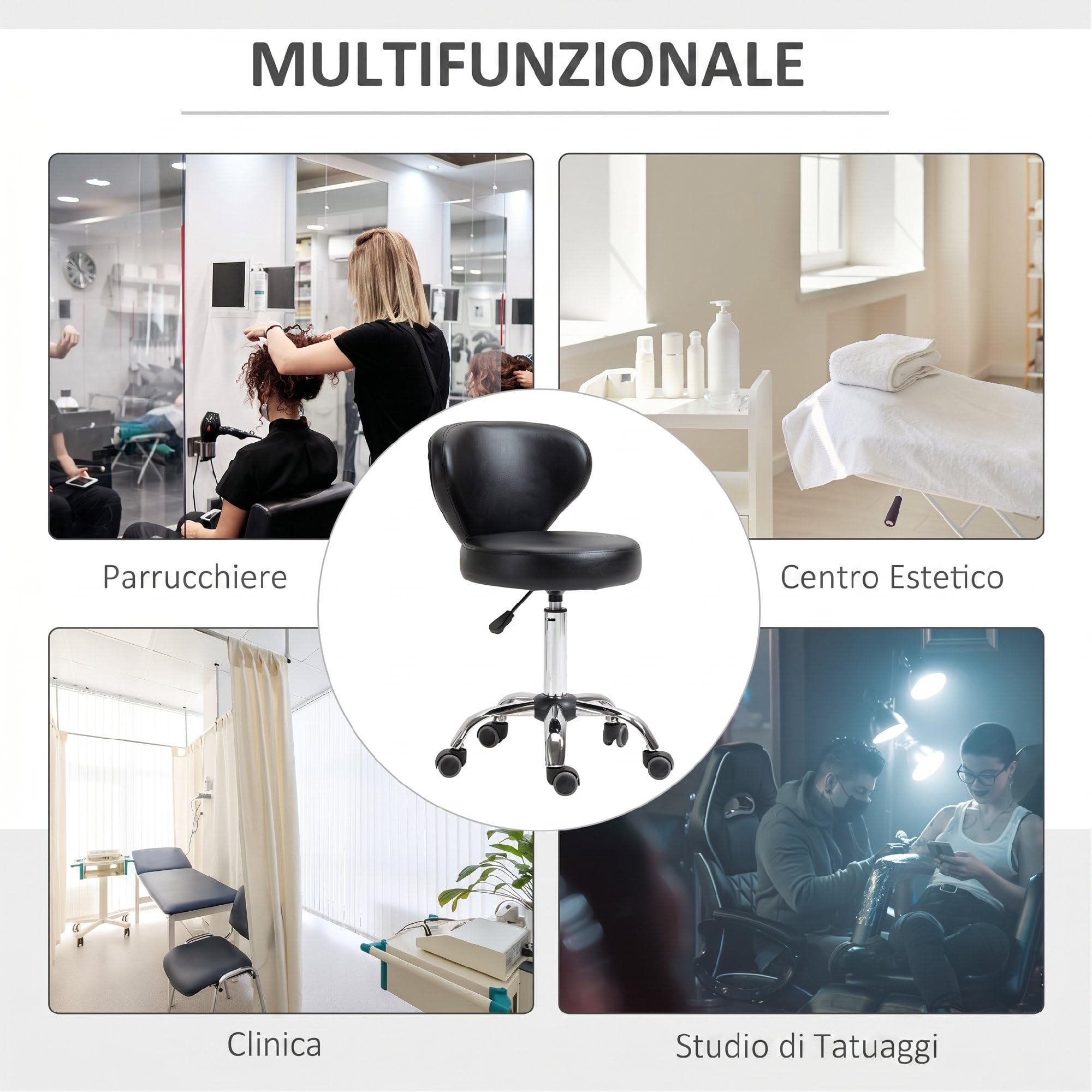 HOMCOM Sgabello Regolabile Girevole a 360° 45x54x73-88 cm Nero | Sgabello da Estetista, Schienale, Ruote, Struttura in Acciaio, Finta Pelle