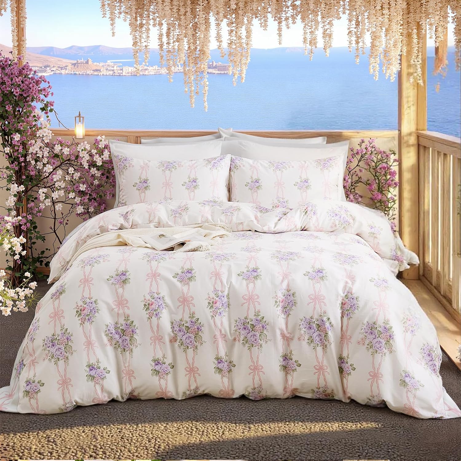 100% Natural Cotton Duvet Cover Queen Botanical Floral Duvet Cover Set with Purple Luxurious Flowers & Pink Bow Pattern 3 Pcs Ultra Soft Comforter Cover with Zipper Closure