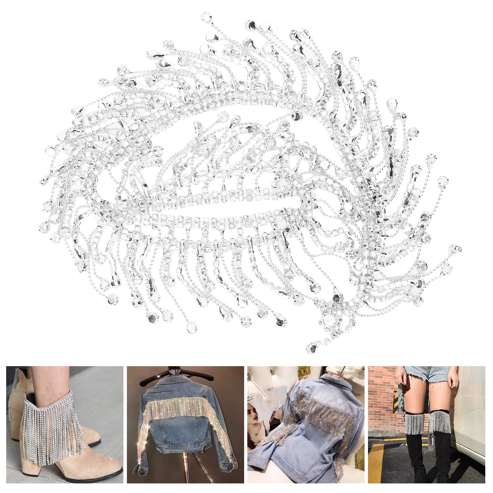 Catena a Nastro con, Catena con Nappe e Frange con, Applique da Sposa, Catena con Finiture in vetro e Diamanti, Tagliabile per Artigianato di Cucito, Festa di Nozze, (Argento)