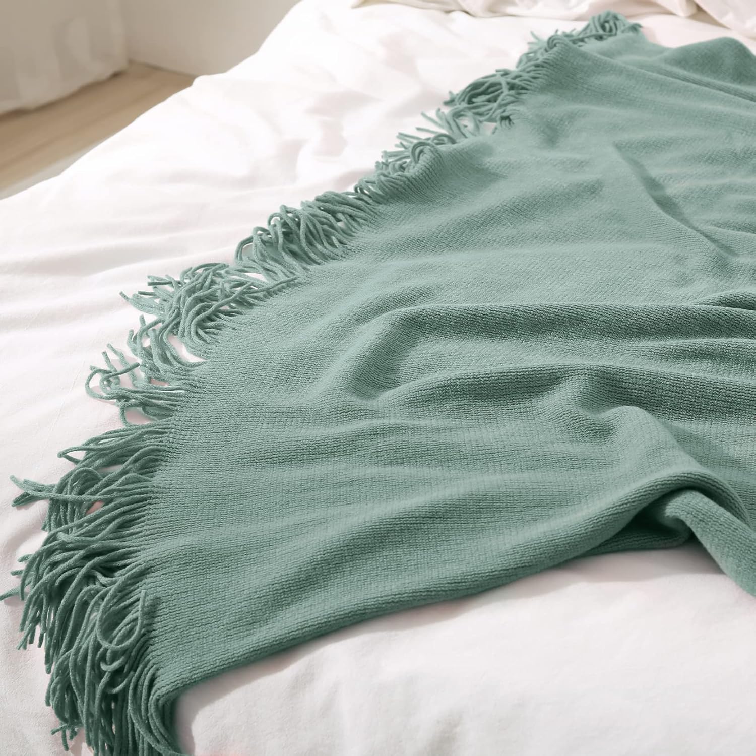 Homiest Decorative Knitted Throw Blanket with Fringe, Lightweight Acrylic Knit, Soft & Cozy Tassel Blanket for Couch, Sofa, Bed (Sage Green, 50 x 60 Inch) - Image 4