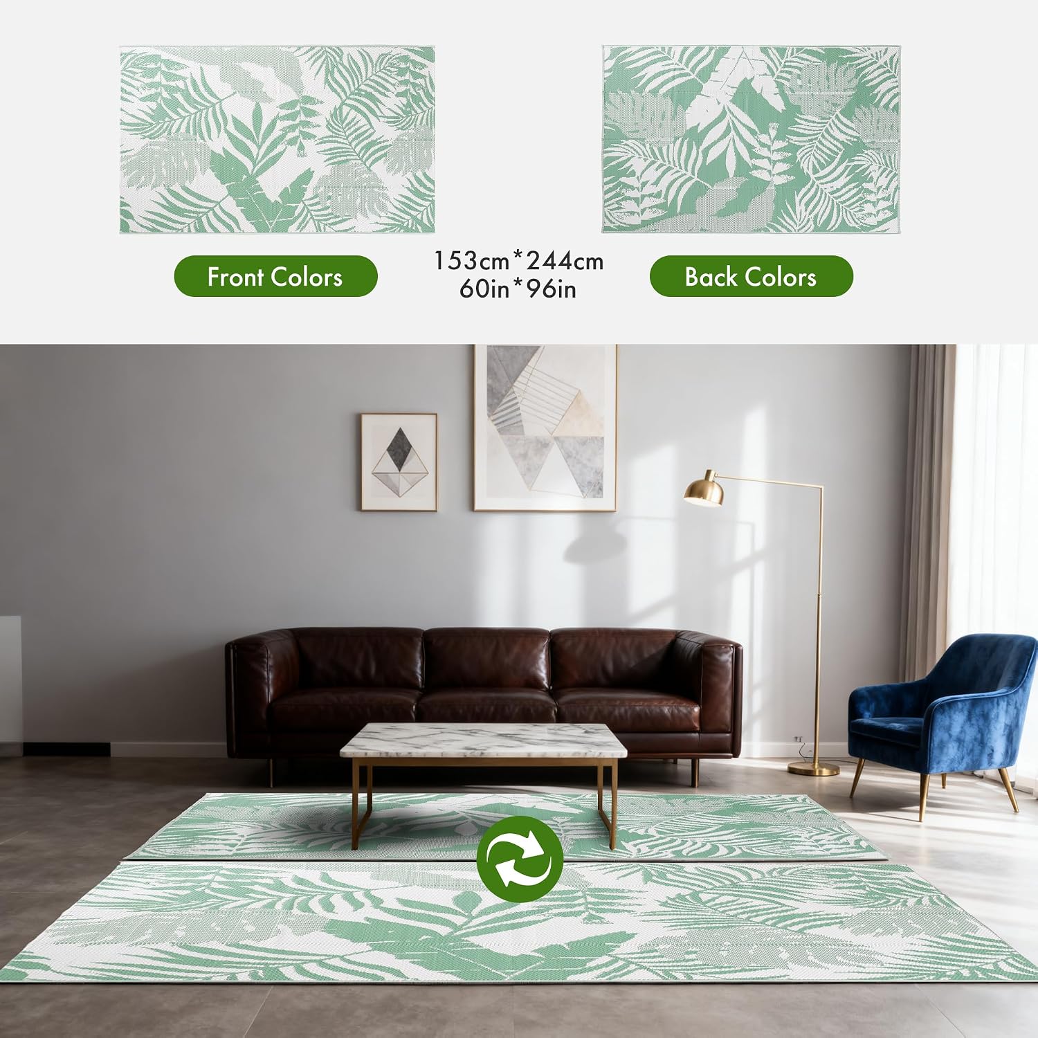 ‌Reversible Waterproof Outdoor Rug – Lightweight UV-Resistant Rug for Patio, Camping & Beach (Green Fern Leaves, 5' x 8' (Rectangular))