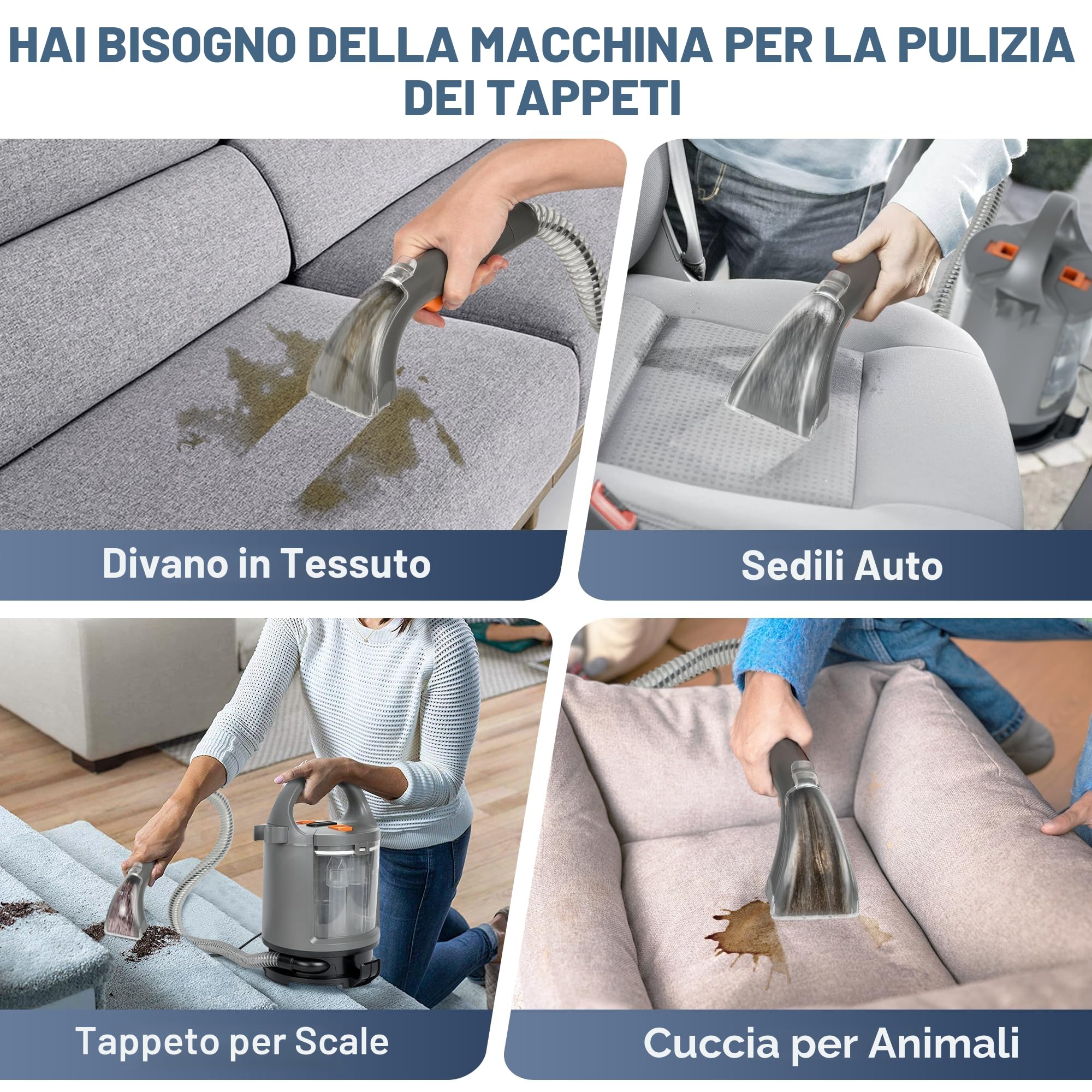 Dispositivo di pulizia per tappezzeria, 400 W, 12 kPa, aspirapolvere portatile con sistema a 2 serbatoi, detergente per tappeti e smacchiatori per divano, tappeti, auto, letto e tappetini
