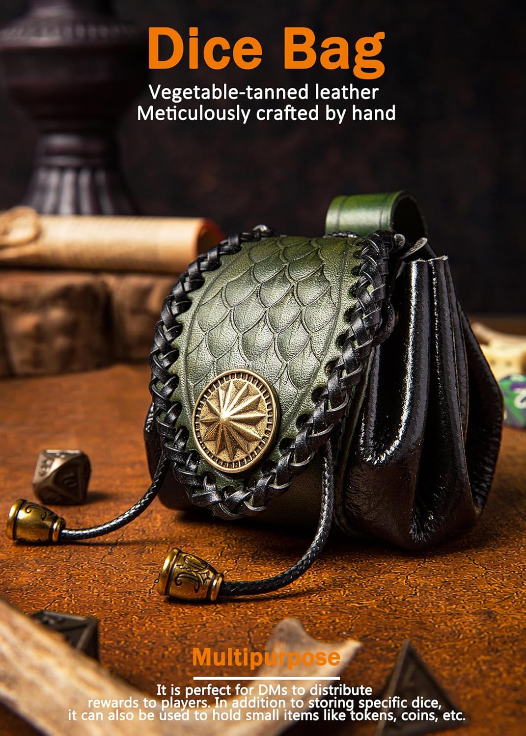 Cowhide Leather DND Vintage Dice Bag, Artisan dragon-scale carved, Handcrafted Fully, Belt Pouch, Portable Coin Purse for Ren Faire Costumes(Green)