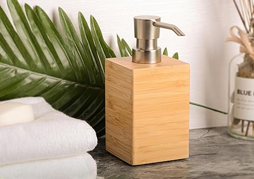 Miniatura 3 de Dispensador de jabón de bambú, dispensador de jabón de madera de 7 onzas líquidas, diseño cuadrado elegante, encimera moderna de baño de cocina