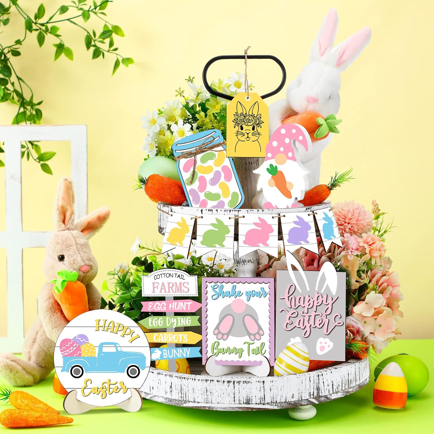 Jetec Easter Decor 12 Pcs Bunny Easter Tiered Tray Decor Spring Table Wooden Sign Decorations Farmhouse Rustic Happy Gnome Rabbit Eggs Set for Spring Holiday Kitchen Home Party Tabletop - Image 2
